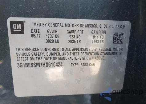 2017 Chevrolet Cruze Lt Auto из США, поврежденный, VIN 3G1BE6SM7HS610424